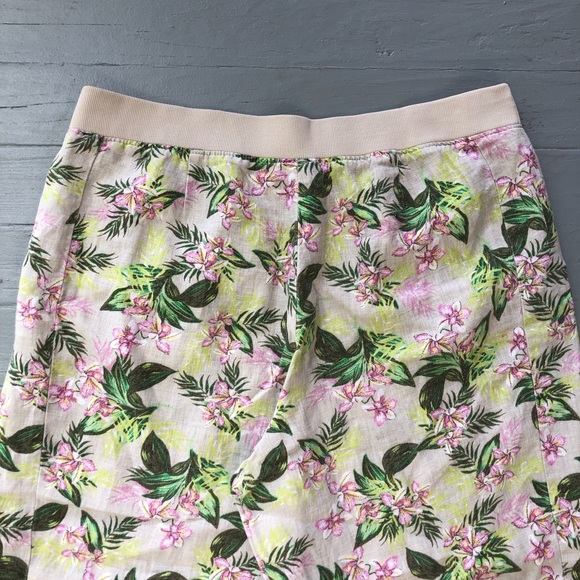 J Jill 100% Linen Pants Size L Flax Orchid Floral Tan Green Wide Leg Crop - Picture 9 of 12